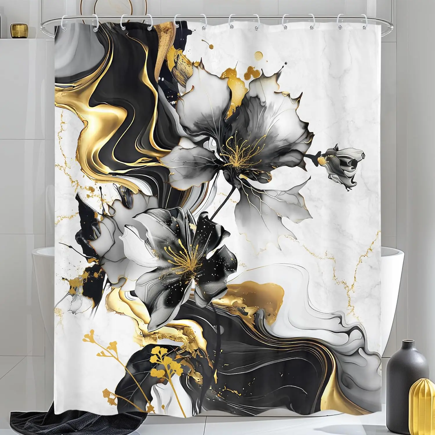 Black White Gold Marble Shower Curtain, Abstract Floral Ink Texture, Minimalist Luxury Design with Hooks