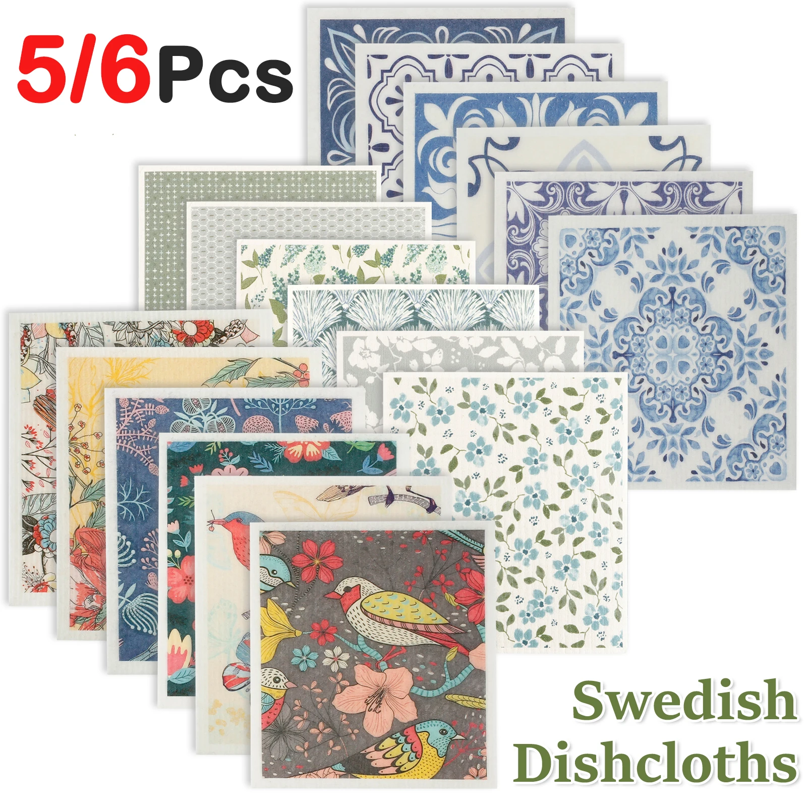 5/6Pcs Eco-Friendly Dishcloths Reusable Swedish Kitchen Dishcloths Super Absorbent Fast Drying Print Cleaning Dish Towels