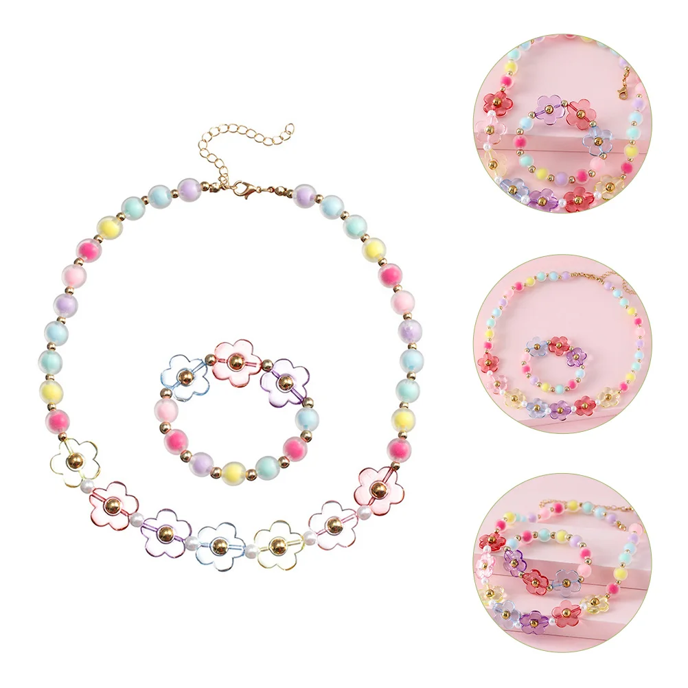 

Delicate Acrylic Pearl Girls Jewelry Set Kids Beaded Necklace Bracelet Flower Design Cute Party Wear