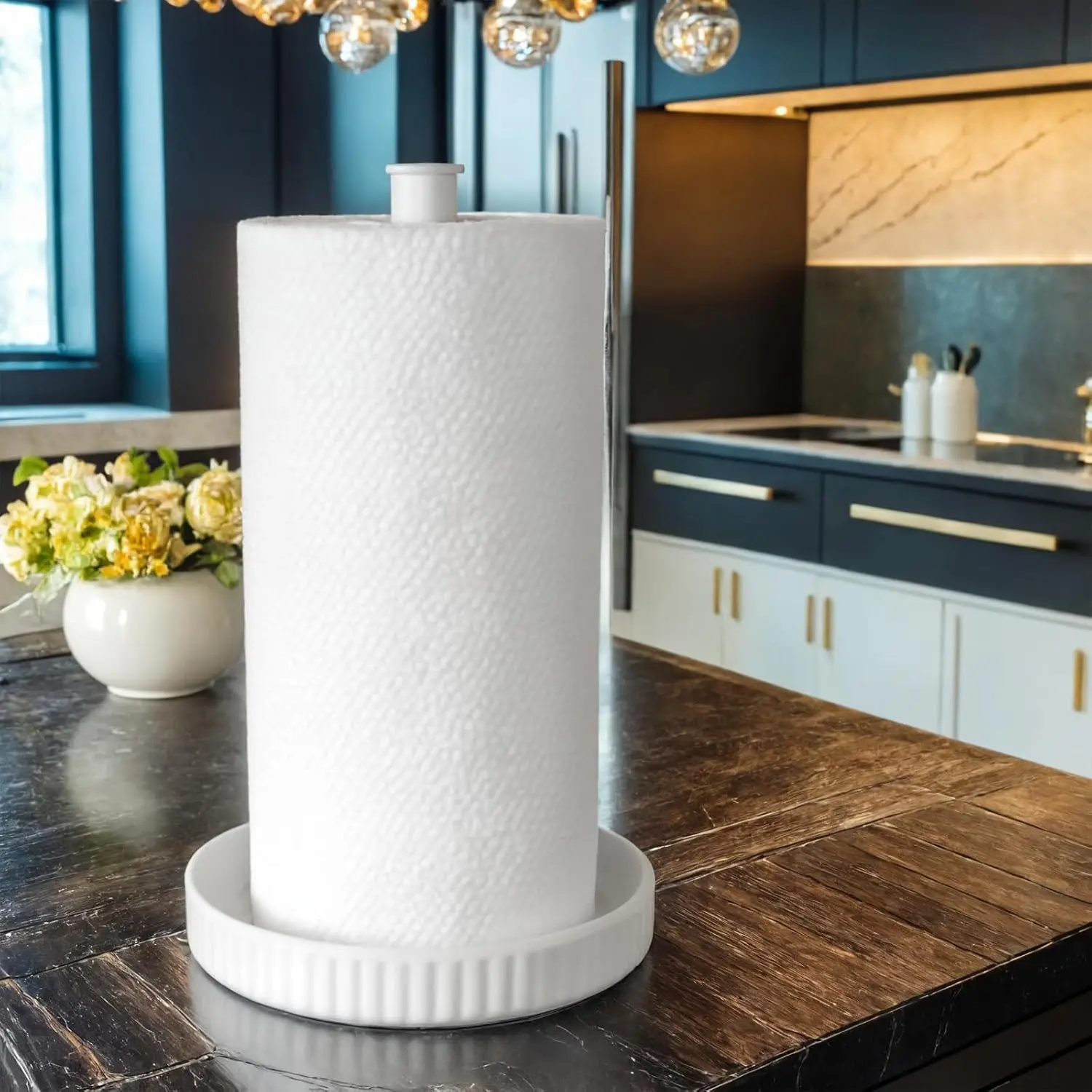 

Ceramic Paper Towel Holder Countertop, Easy-to-Clean, Stable Elegant Kitchen Roll Stand in Chic White
