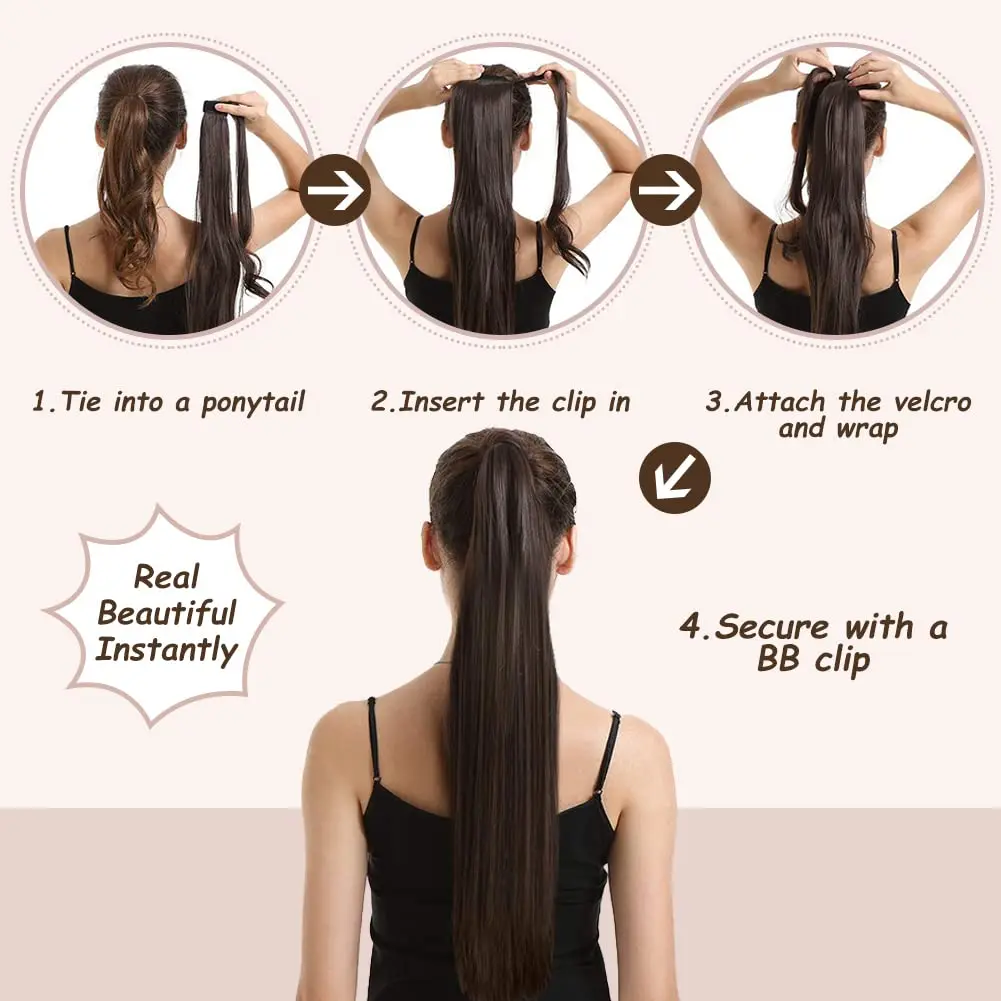 Ponytail Extensions 100% Human Hair With Clip In Magic Paste Invisible Ponytails Wrap Around Natural Soft Straight For Woman