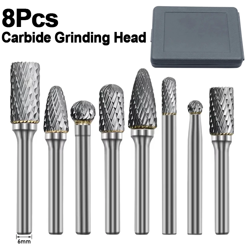 8Pcs Tungsten Carbide Burrs Double Rotary Burr Set Head 1/4