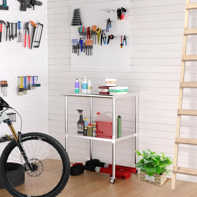 طاولة عمل معدنية من الفولاذ المقاوم للصدأ مقاس 24 × 30 بوصة أرفف سفلية قابلة للتعديل مع عجلات للمطبخ التجاري والخارجي والراحة #4