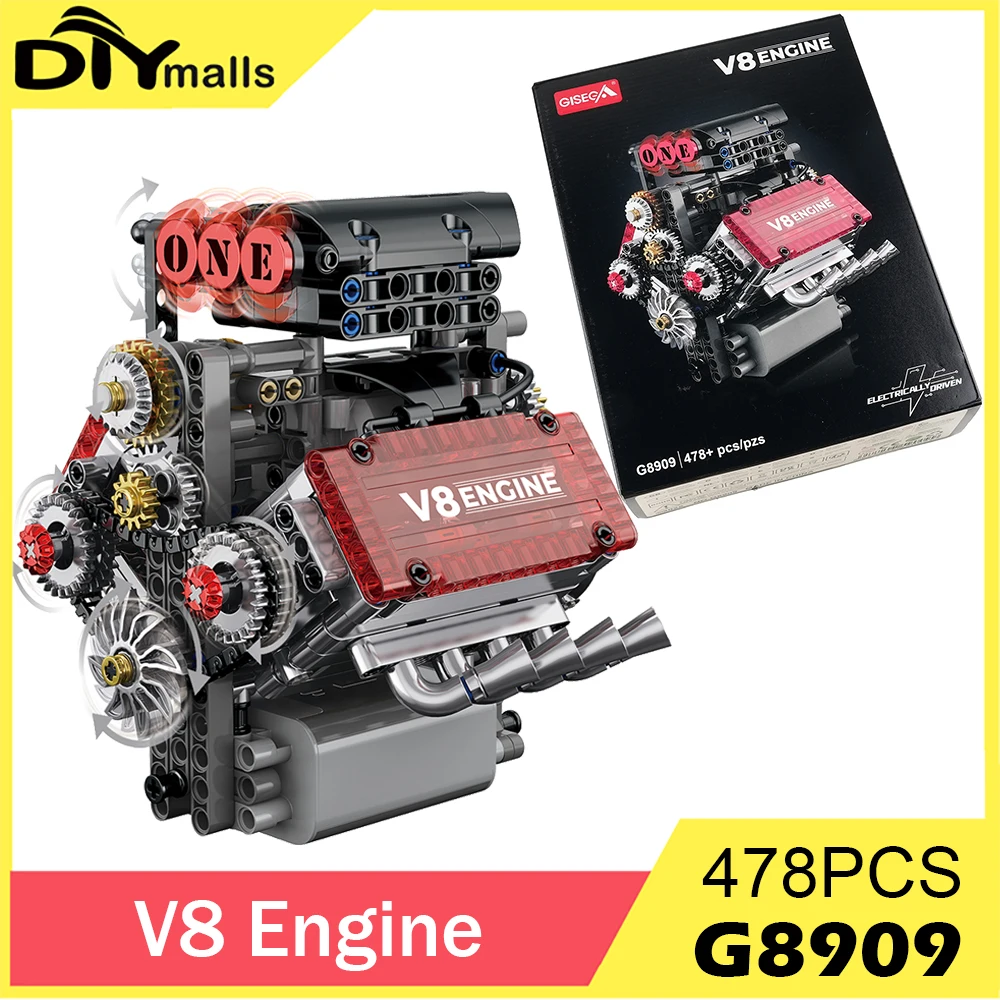 G8909 478pcs V8 Engine Technical Building Blocks set With L Motor Car Model Assembly Bricks Educational DIY Toys AA Battery Box