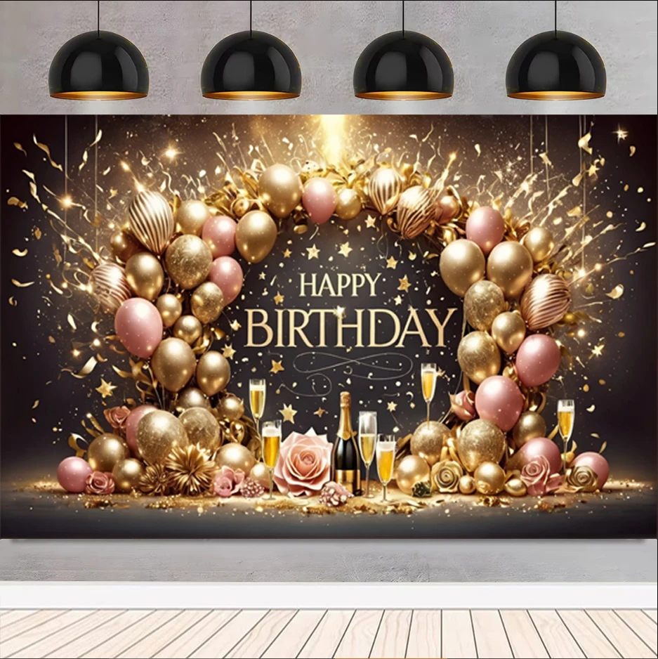 Black Photography Mural Easy-To-Install Size Gold Birthday Backdrop Happy Wall Background For Birthday Party New Year 2025