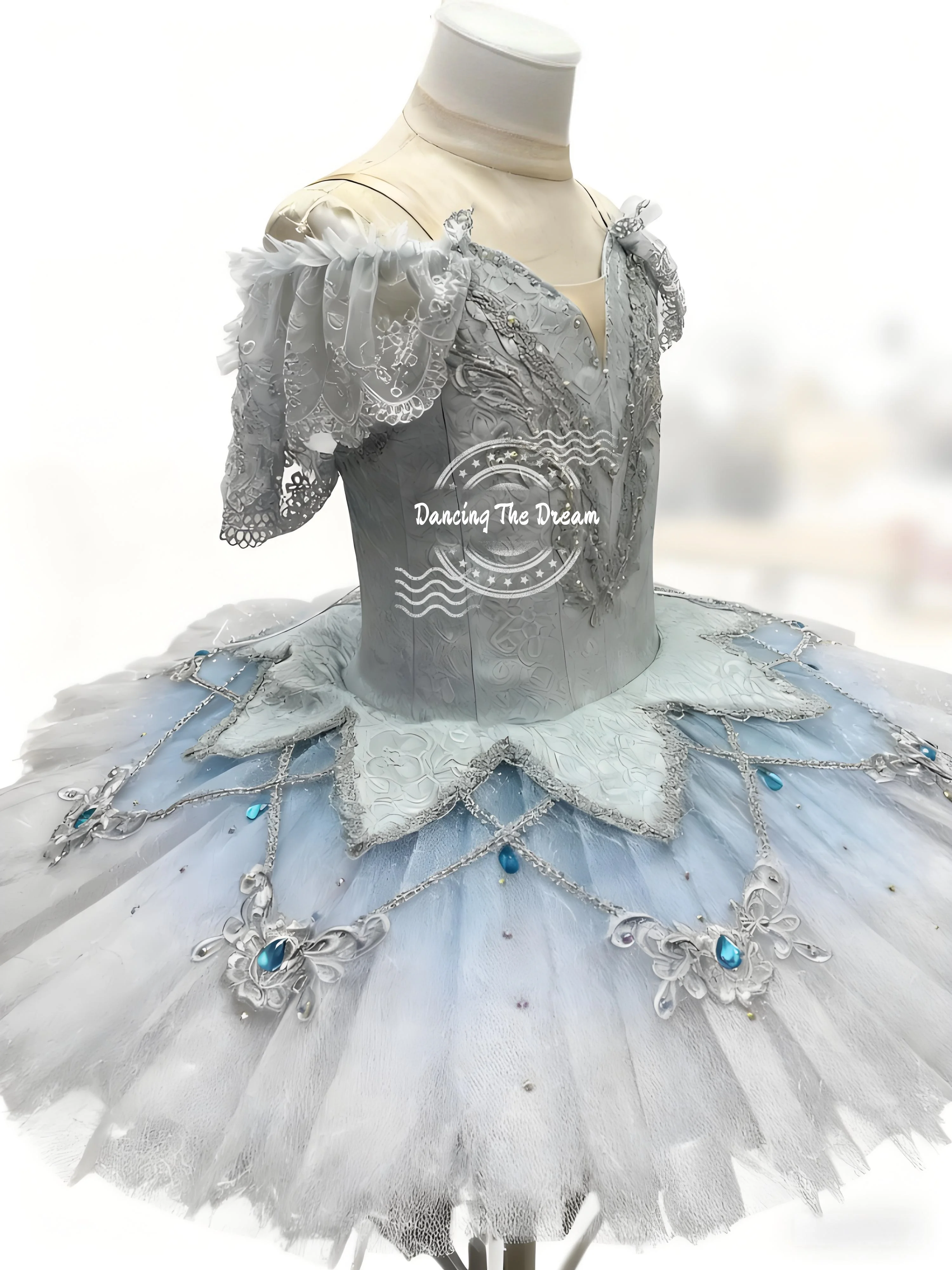 Pale Blue Ombre Lace - Accented Tulle Ballet Dress with Sequins Sky Blue Ombre Satin - Trimmed Tulle Ballet Dress