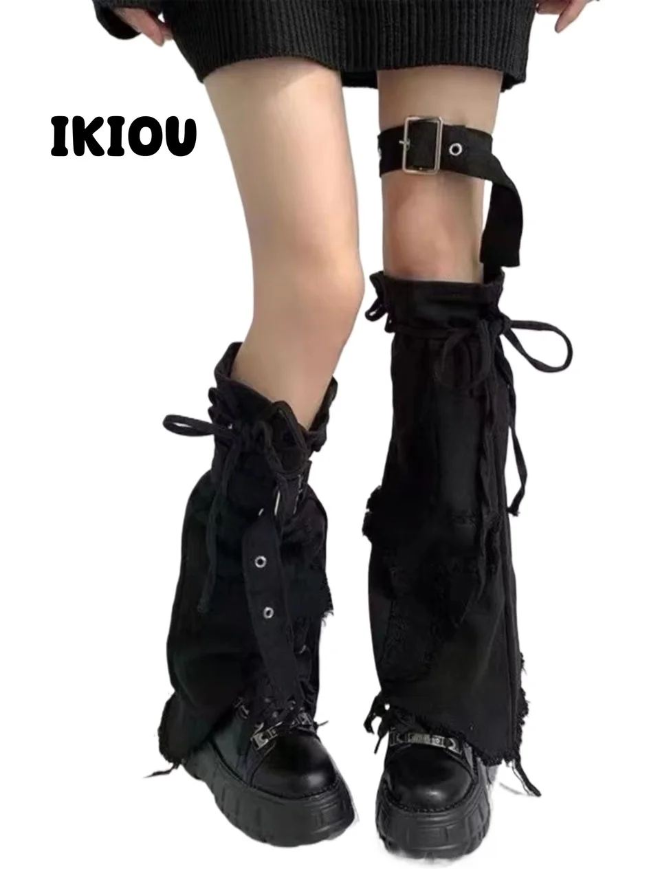 

IKIOU Y2K Punk Style Black Denim Leg Warmers with Slimming Drawstring Cross Design for Trendy Ins Fashion Girls