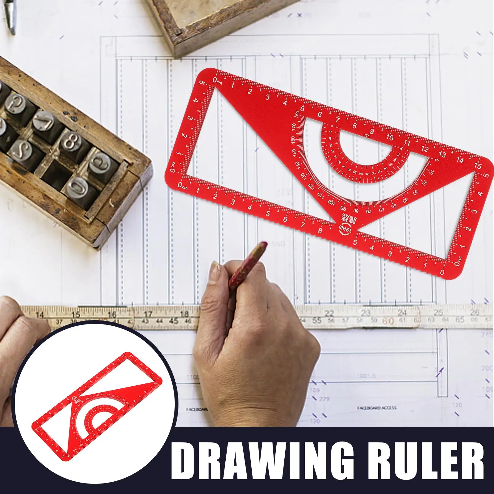 Multipurpose Aluminum Alloy Ruler Triangle Protractor Set Red Metal Engineering Scale Portable Measuring Tools For