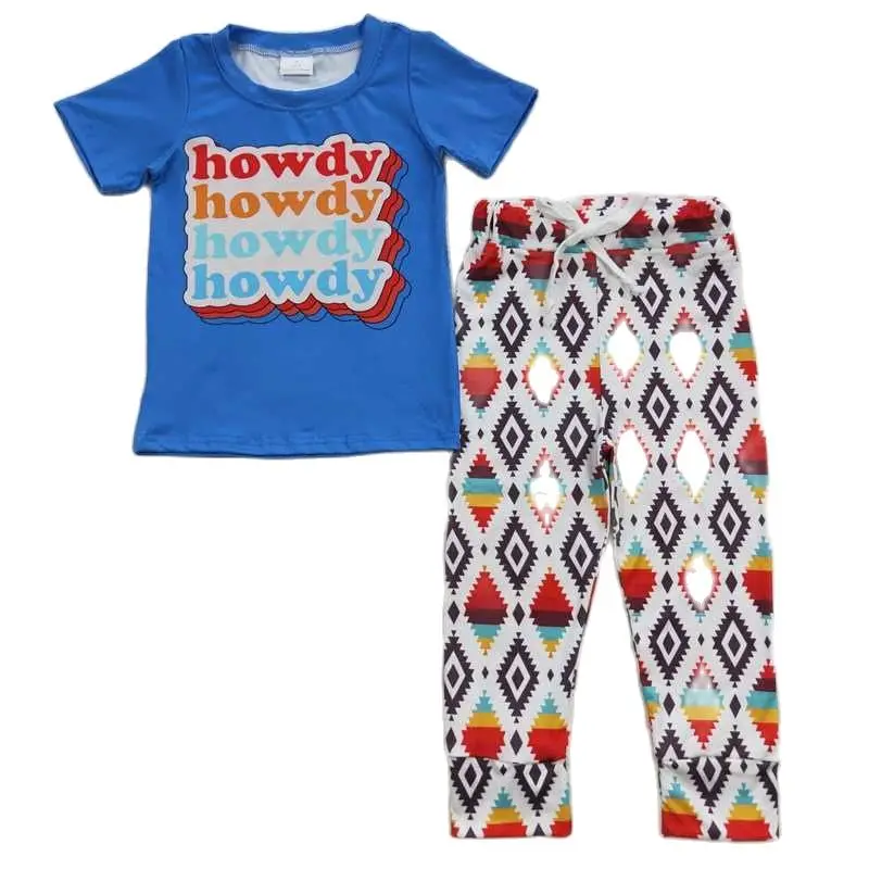 

Howdy letter blue short sleeve aztec graphic pant suit