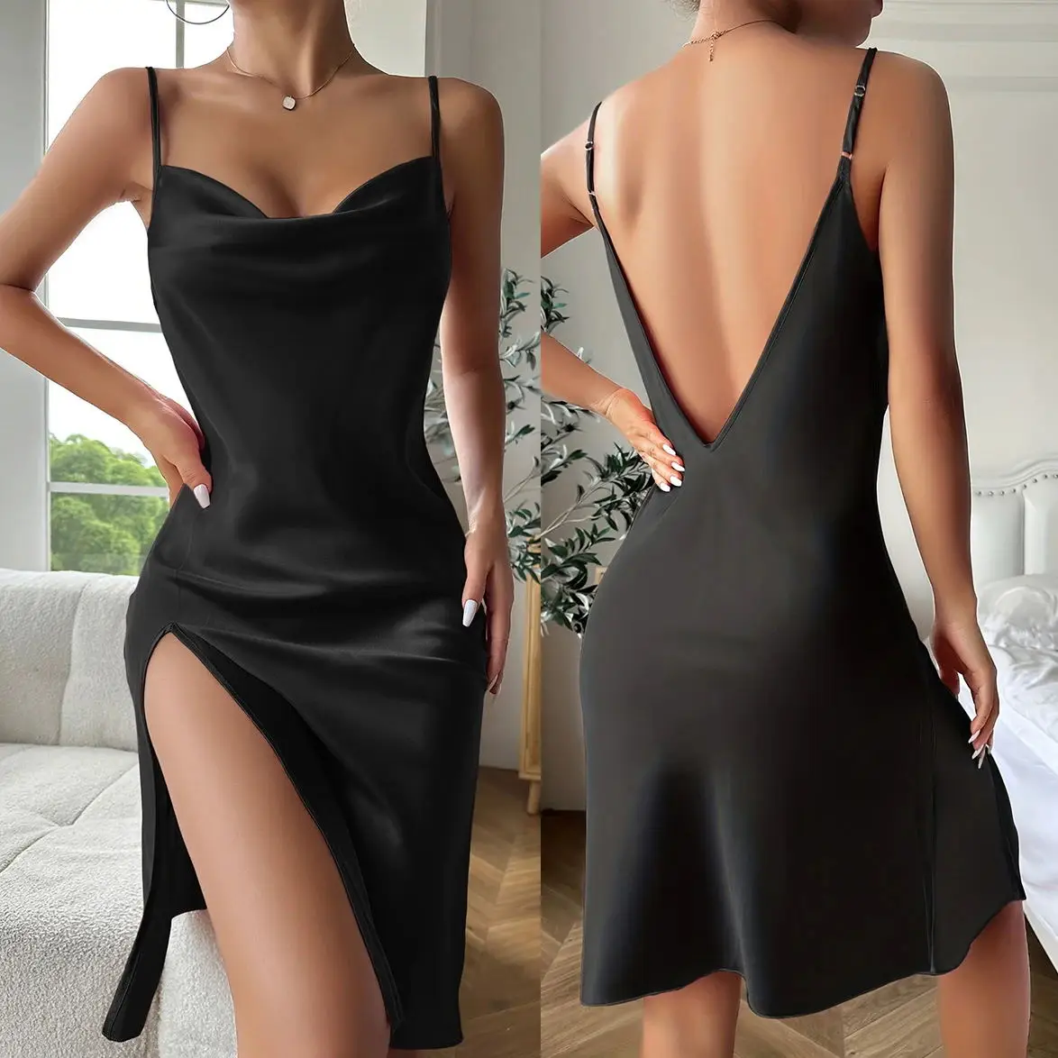 Summer New Chemise Nightgown Sexy Backless Spaghetti Strap Nightdress Sleepwear Women Loose Satin Home Wear Intimate Lingerie