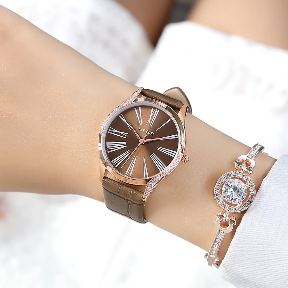 MEGIR Brand Fashion Leather Woman Bracelet Watches Ladies Quartz Wristwatch Rhinestone Waterproof Casual Wrist Watch Clock