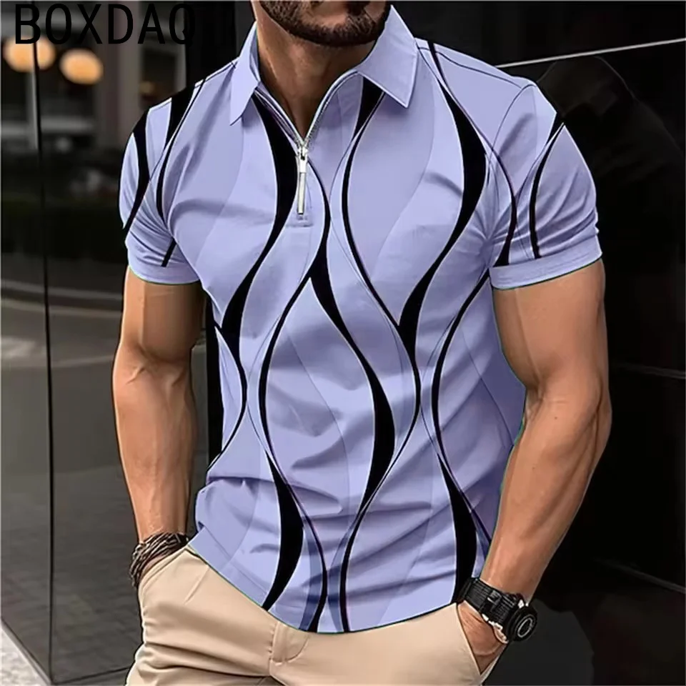 Camisa Polo Masculina de Verão com Zíper, Manga Curta, Estampa Geométrica Linear 3D, para Golfe e Esportes