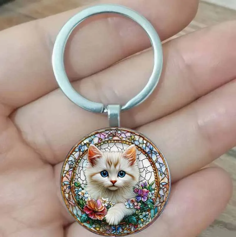 

Enchanting Kitten and Flower Colored Glass Keychain - Vintage Zinc Alloy, Ideal Gift for Cat Enthusiasts | Complex Design