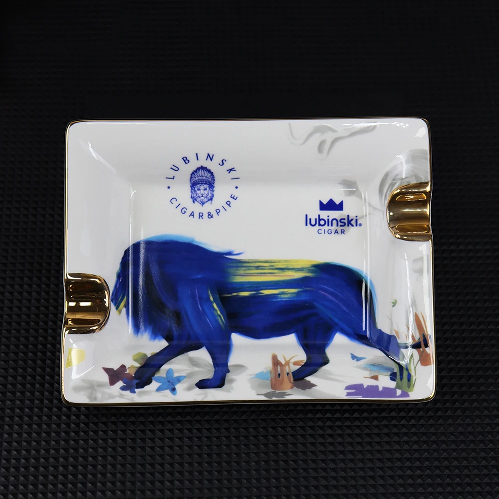 LUBINSKI Luxury Ceramic Outdoor Painting Cigar Ashtray 2 Rest Cigars Ash Holder New 2022 Blue Lion With Gift Box CA-057