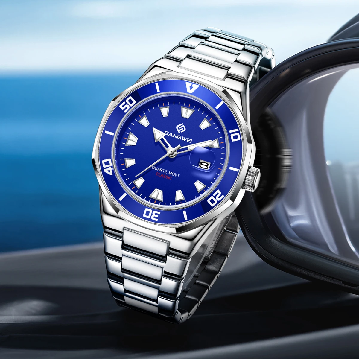

BANGWEI Бизнес Часы Из Нержавеющей Стали 30M Водонепроницаемые Часы Светящийся Календарь Кварцевые Часы Мужские Хронограф Montre Homme + Коробка