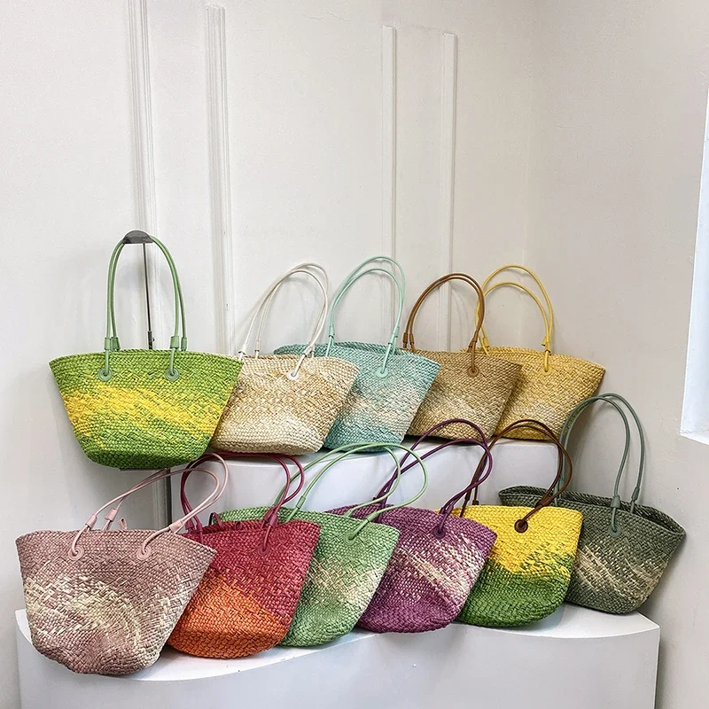 

Fashion Gradient Color Woven Straw Bag for Women Summer Holiday Seaside Beach Bag Hand-woven Large Capacity Shoulder Bag Female