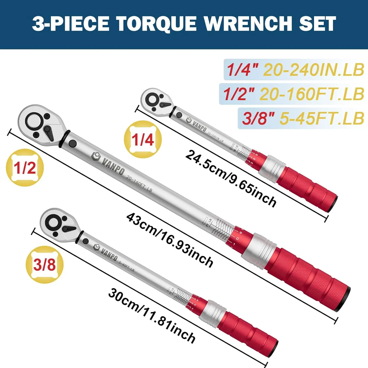 Torque Wrench, 3Pcs Torque Wrench Set 20-240 in.lb, 5-45 ft.lb, 20-160 ft.lb, Dual-Direction Adjustable 72-Tooth Torque Wrench