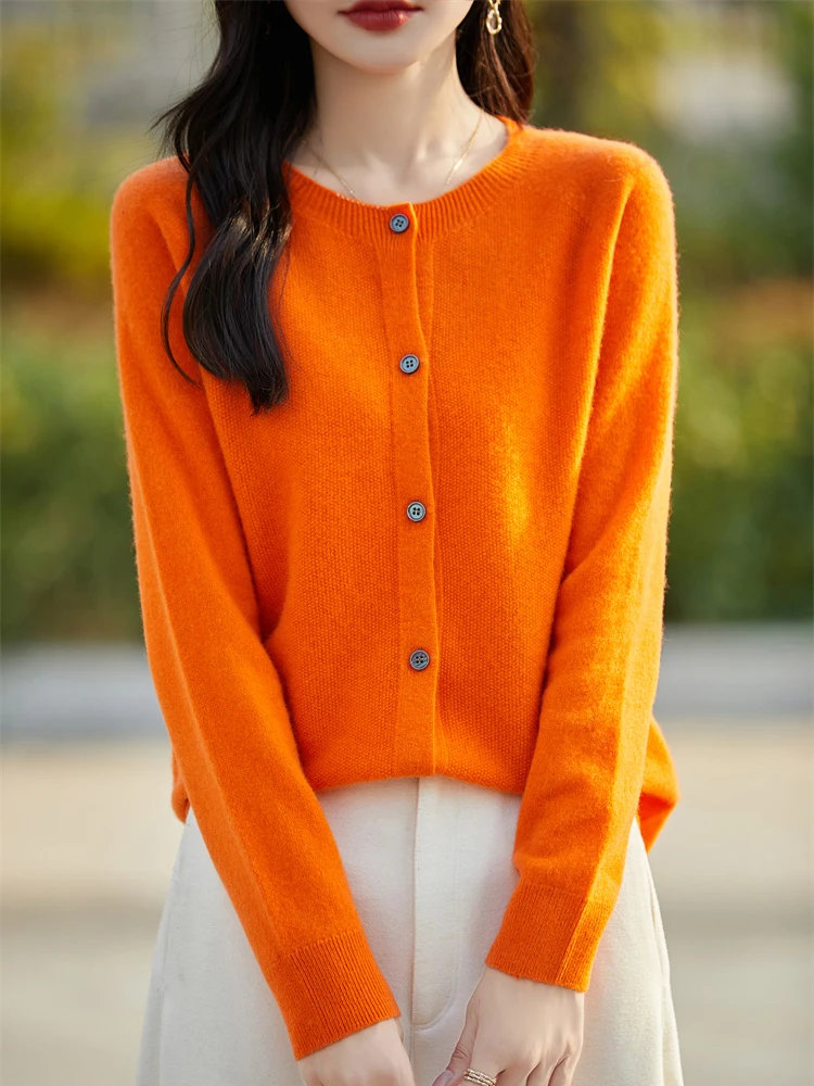 Fashion Basic Women Merino Wool Sweater Cashmere Cardigan O-Neck Knitwear Slim Solid Collar Clothing Tops