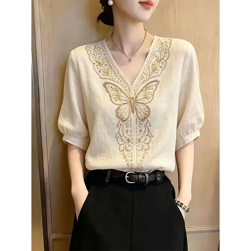 

Elegant Cotton Linen Shirt Women's Summer New Style Fashionable Overhead Shirt Commute Style Long Sleeve V-Neck Pat...
