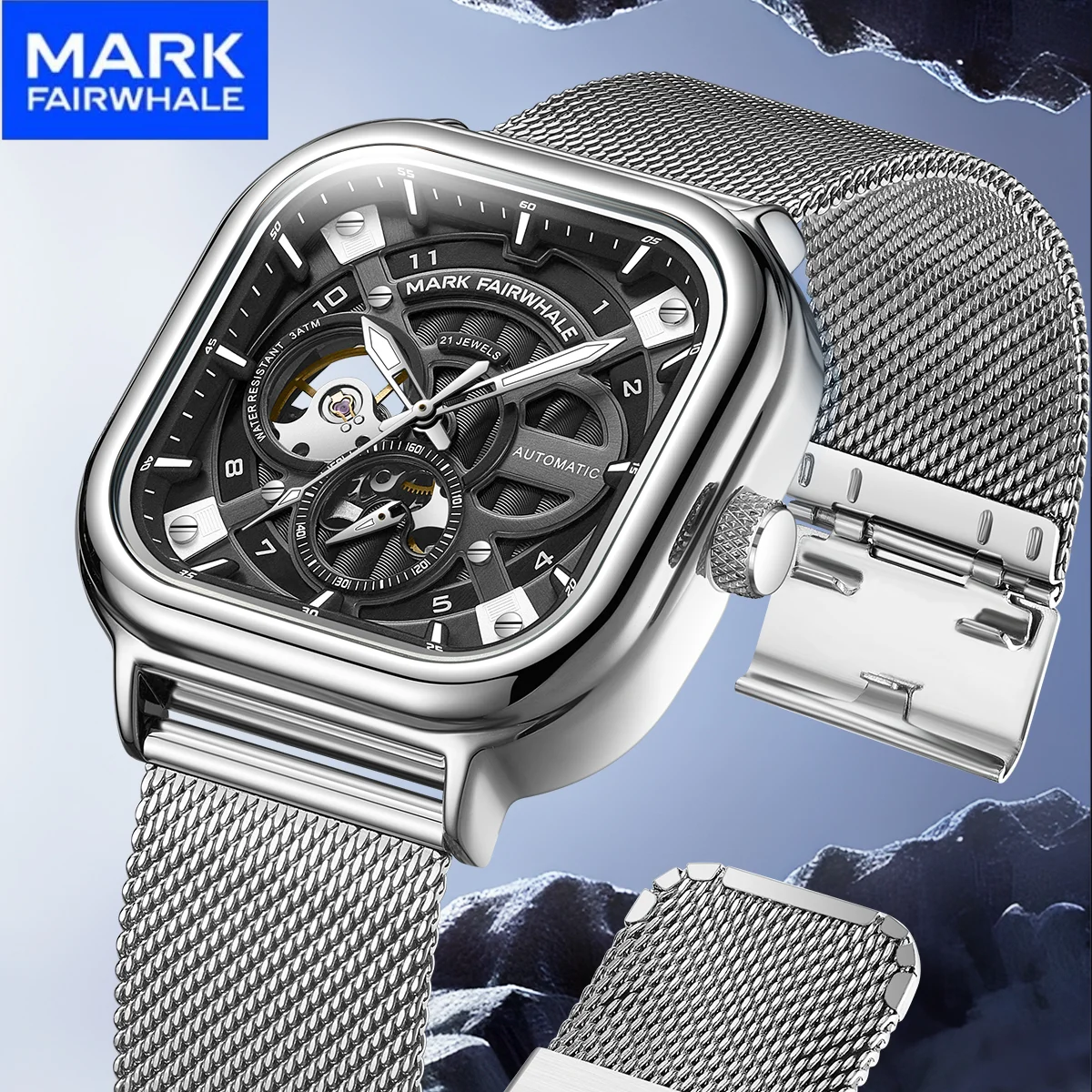 Mark Fairwhale Fashion Square 3D Dial Automatic Mechanical Wristwatch Waterproof Milanese mesh strap montre luxe reloj hombre