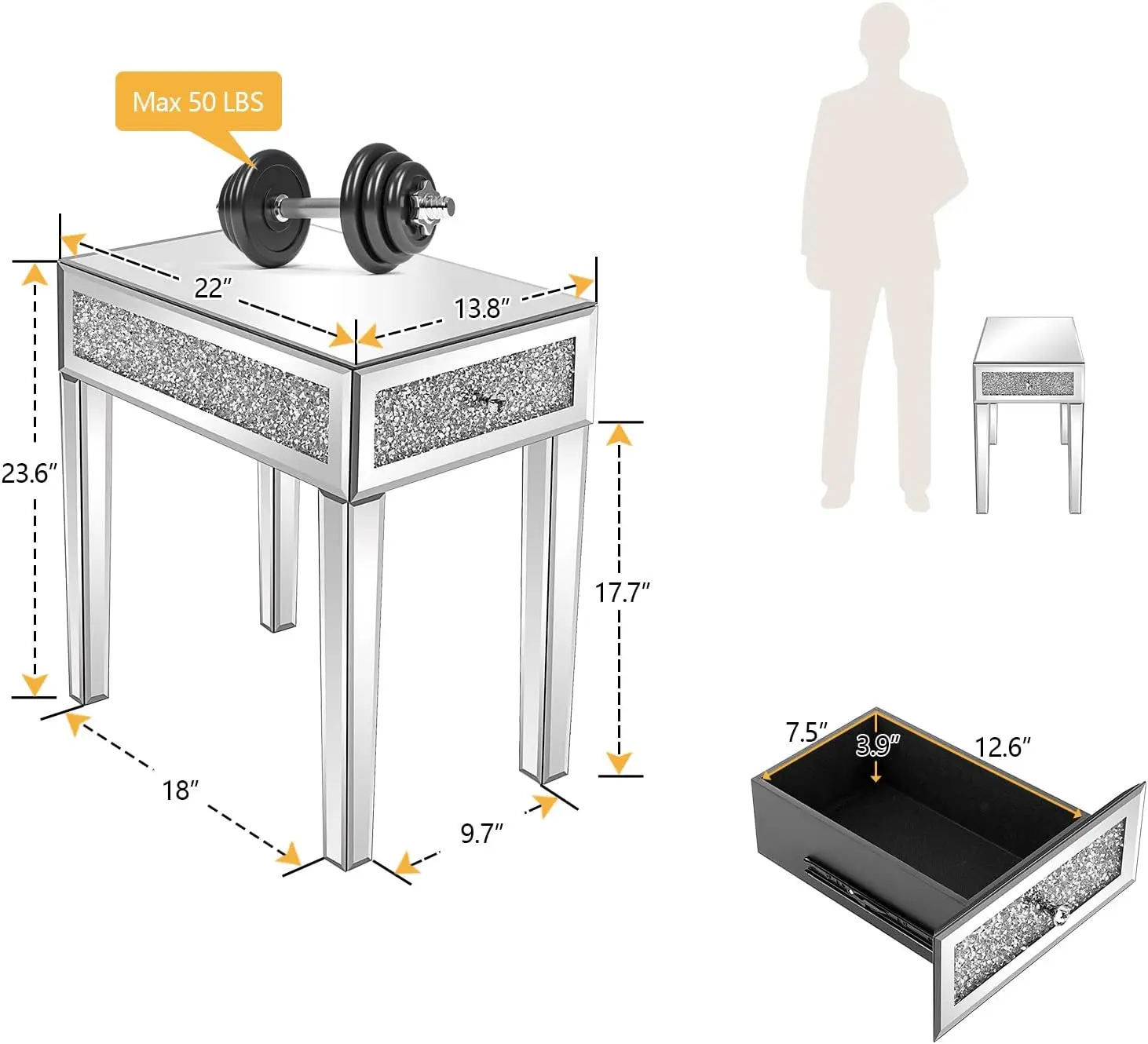 Table de chevet étroite avec miroir, table d'appoint en verre MELGlass, ensemble de 2