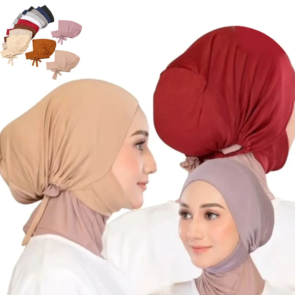 Muslim Inner Cap Hijab For Women Solid Underscarf Hijab Silk Strap Turban Hat Islamic Muslim Hijabs Ready To Wear Stretch Turban