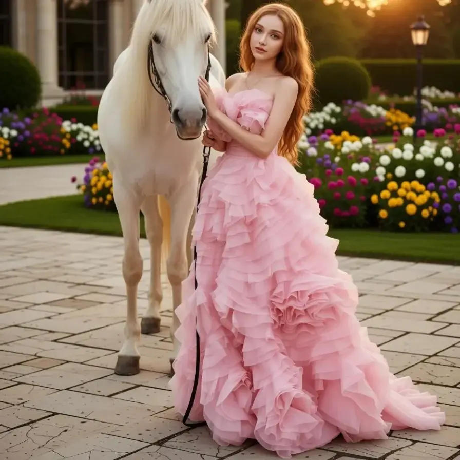 

Розовое платье принцессы с рюшами без бретелек из органзы, летнее стильное платье для похудения с цветочной аппликацией, свадебное платье, вечернее красное