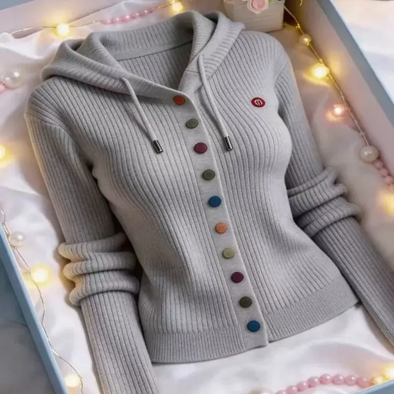 Loose and Comfortable Casual Knitted Cardigan Spring and Autumn Western Style Hooded Knitted Sweater 2