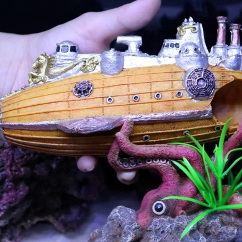 1PC Aquarium Landscaping Sunken Ship Octopus Airship Warship Rockery Decoration Submarine Shelter