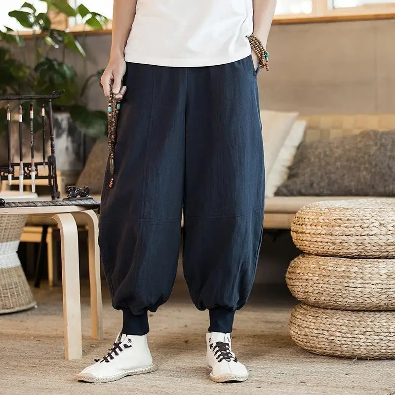 

Loose Cotton Linen Men's Tang Pants Bundled Legs No Tie Ancient Buddhist Monastery Loose Fit Dstring Cuffed Youthful Busin...