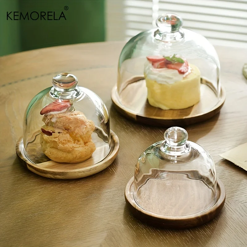 KEMORELA Bamboo Cake Stand with Clear Glass Lid - Dustproof, Decorative Serving Tray for Desserts Fruits & Snacks For Weddings