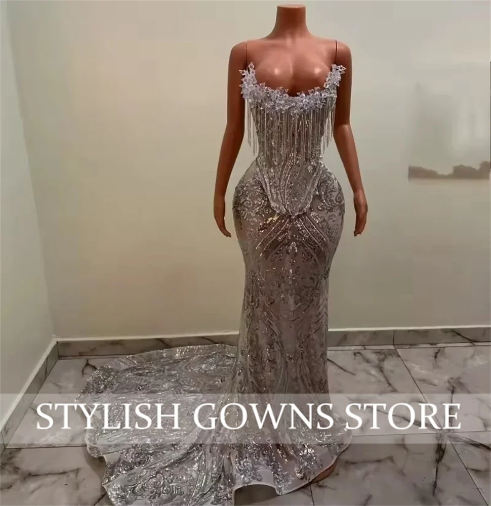 Robe De bal longue argentée pour filles noires, Corset sans bretelles, paillettes, pompon en cristal, robes De soirée personnalisées, 2025