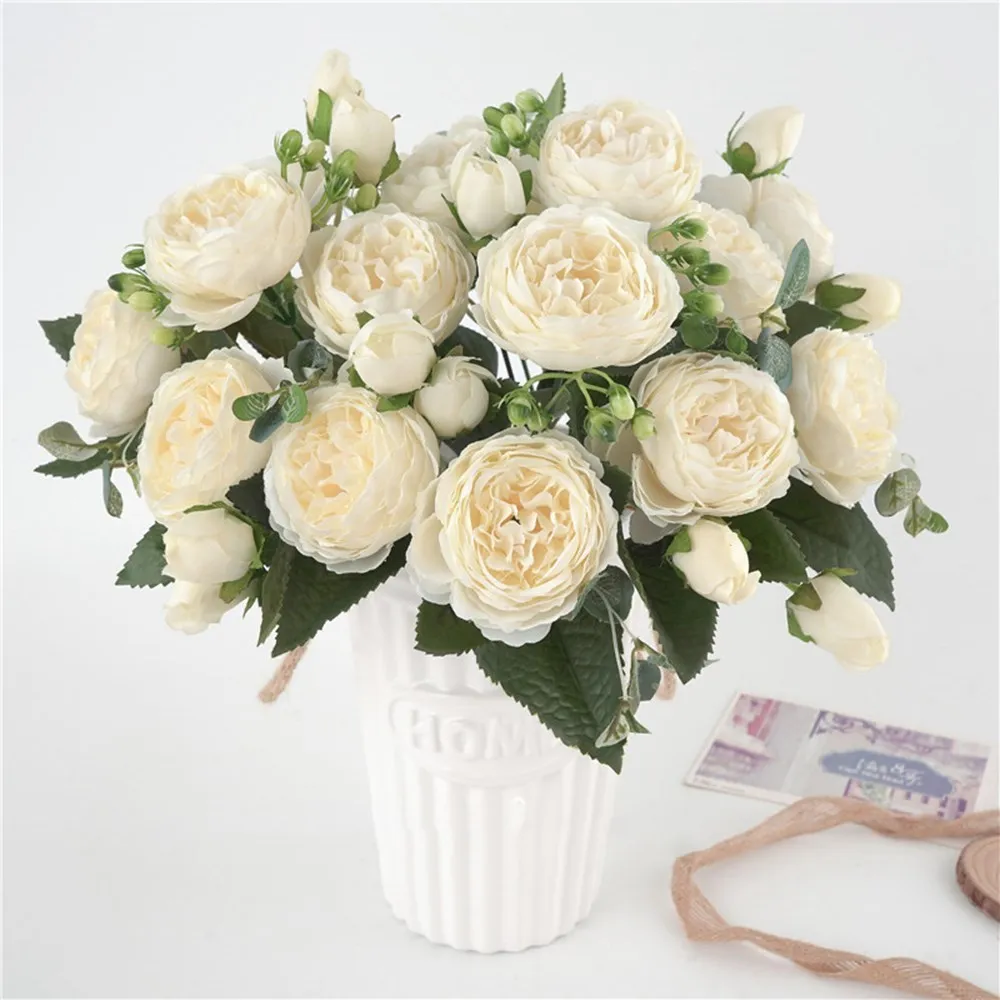 30 cm gefälschte Rosen, Seidenpfingstrosen, künstliche Blumen, günstige Neujahrsfest-Dekorationen, Vase für Zuhause, Hochzeit, Brautstrauß im Innenbereich – Detail 4