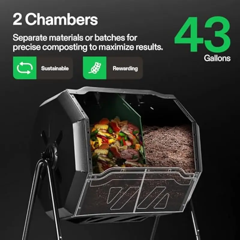 Outdoor Dual-Chamber Rotating Compost Tumbler with Octagonal PP Body, 43-Gallon Capacity, Full-Aeration Vents, 360-Degree Spin M