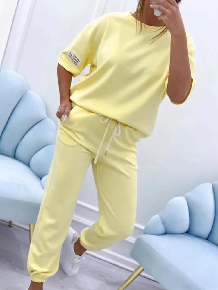 

Fashion O-neck Pullover & Drawstring Pant Set Casual Half Sleeve Solid Loose 2 Piece Suit Women Elegant Simple Sportswear Outfit