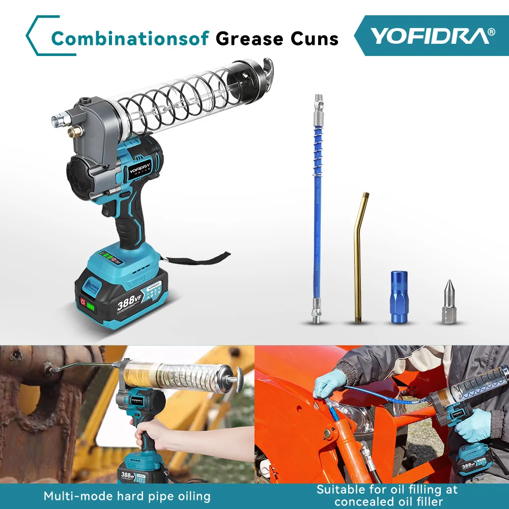 YOFIDRA 103Mpa Brushless Electric Grease Gun 15000PSI Oil Injector Fat Machine Grease Gun Power Tools For Makita 18V Battery Pin