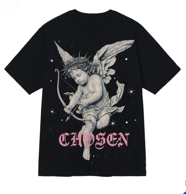 2026 Gothic Script Letter Print T-shirt Retro Distressed Cupid Illustration Star Background Loose Drop Shoulder Casual Tops