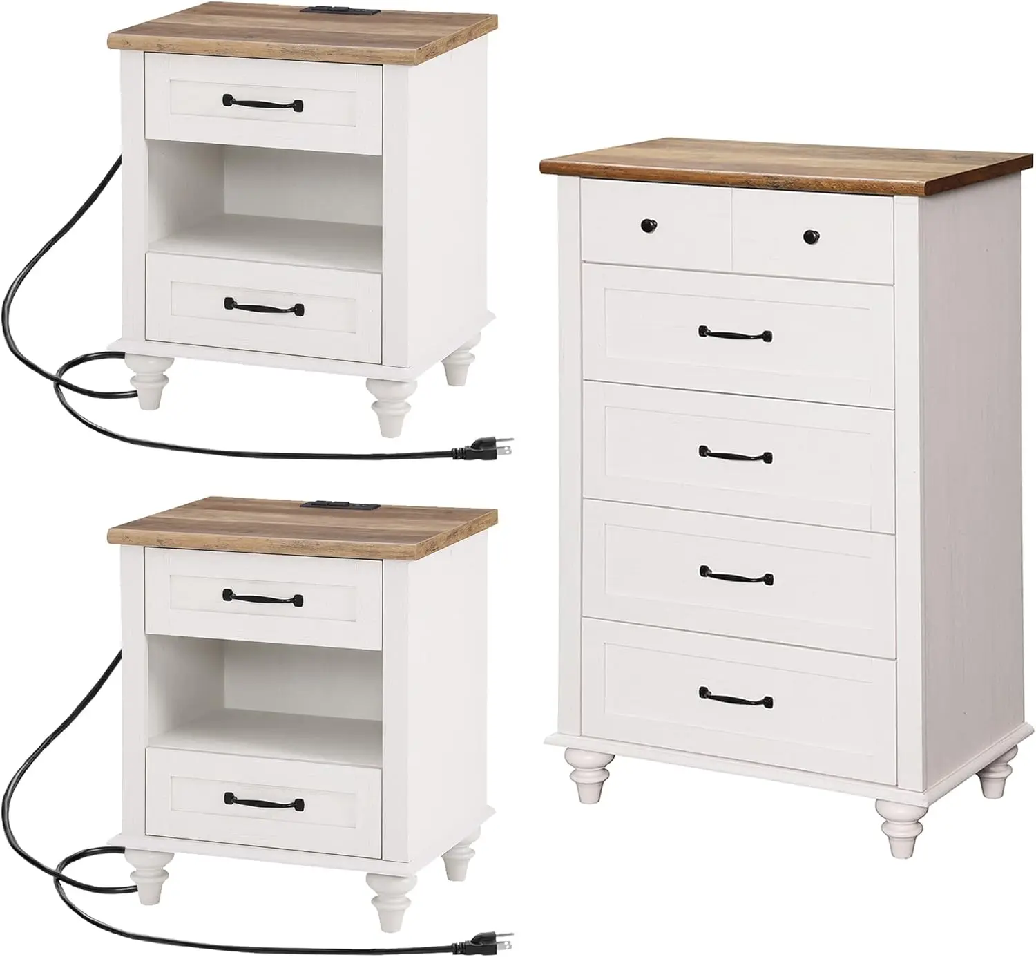 Wampat 3 Piece Dresser And Nightstand Sets, White Dresser & Chests Of Drawers With 5 Drawers And Metal Handle, Set Of 2 End