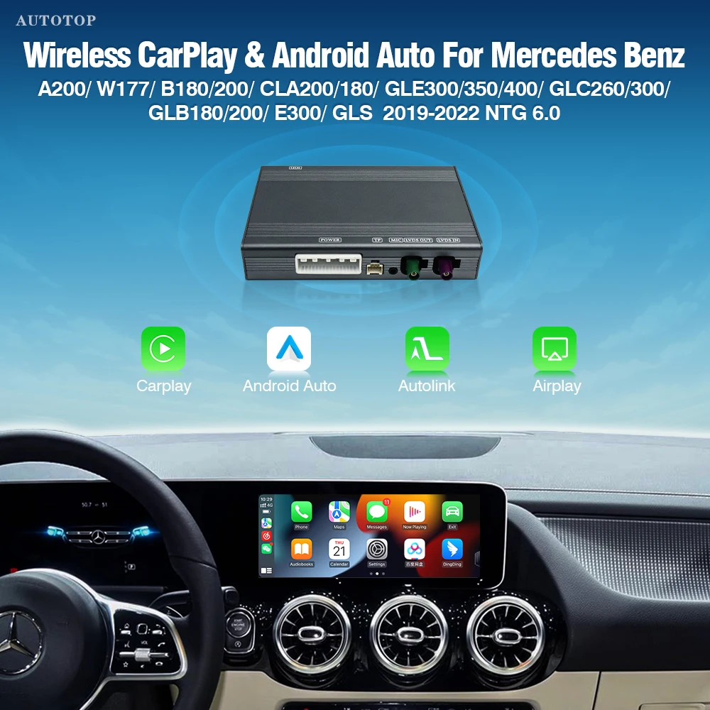 Décodeur sans fil CarPlay Android Auto AUTOTOP pour Mercedes Benz NTG6.0 10,25 et 12,25 pouces, compatible avec l'affichage complet OEM 360 et AirPlay