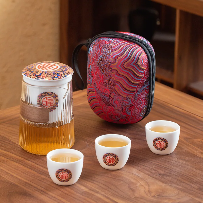 Outdoor Quick Cup Travel Tea Set Portable Bag Anti-scalding Glass Mutton Jade Porcelain Kung Fu Tea Set One Pot Three Cups