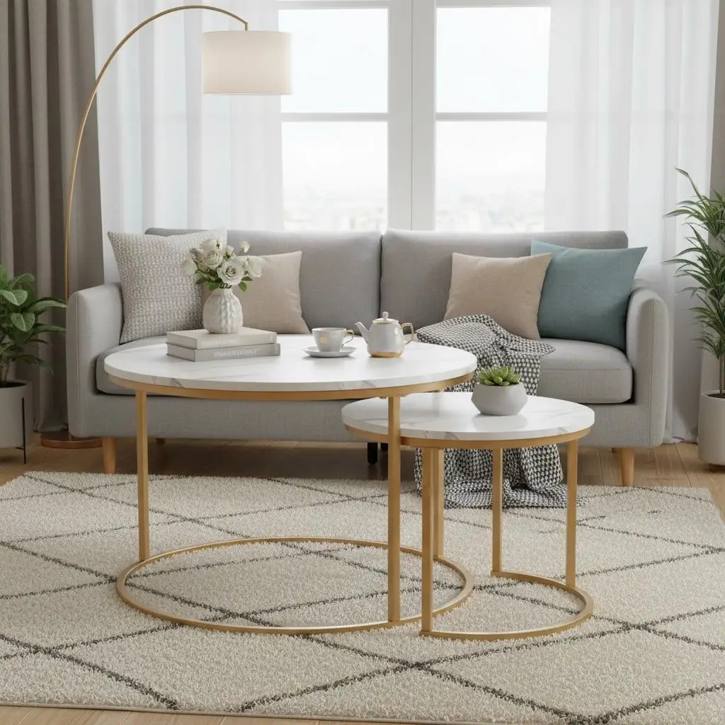 

Twin Cocktail Table Ensemble 27.6 Inch Circle Surface Small Area Interior Arrangement Retro Occasional Desk Nightstand Steel