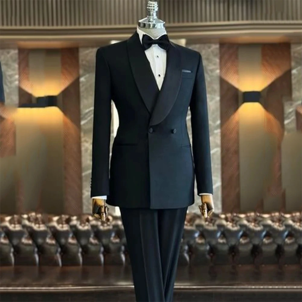 

Черные мужские костюмы, комплект из 2-х предметов, куртка и брюки, двубортный костюм с шалью и лацканами, деловая мужская одежда, костюмы для выпускного жениха на заказ