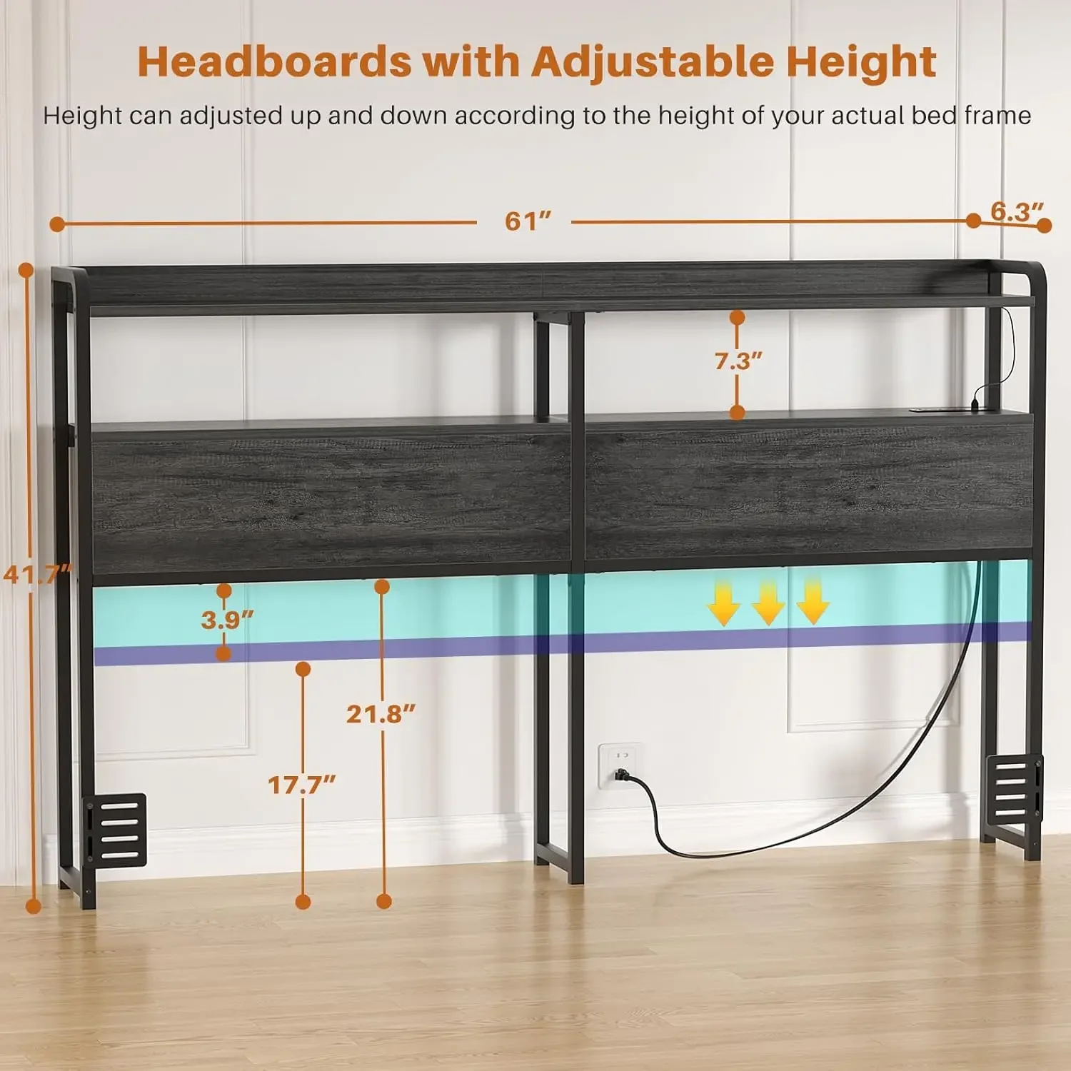 Headboard for Queen Size Bed Frame, Headboards with Outlets, USB Ports and LED Light, Head Board with Storage, Height Adjustable