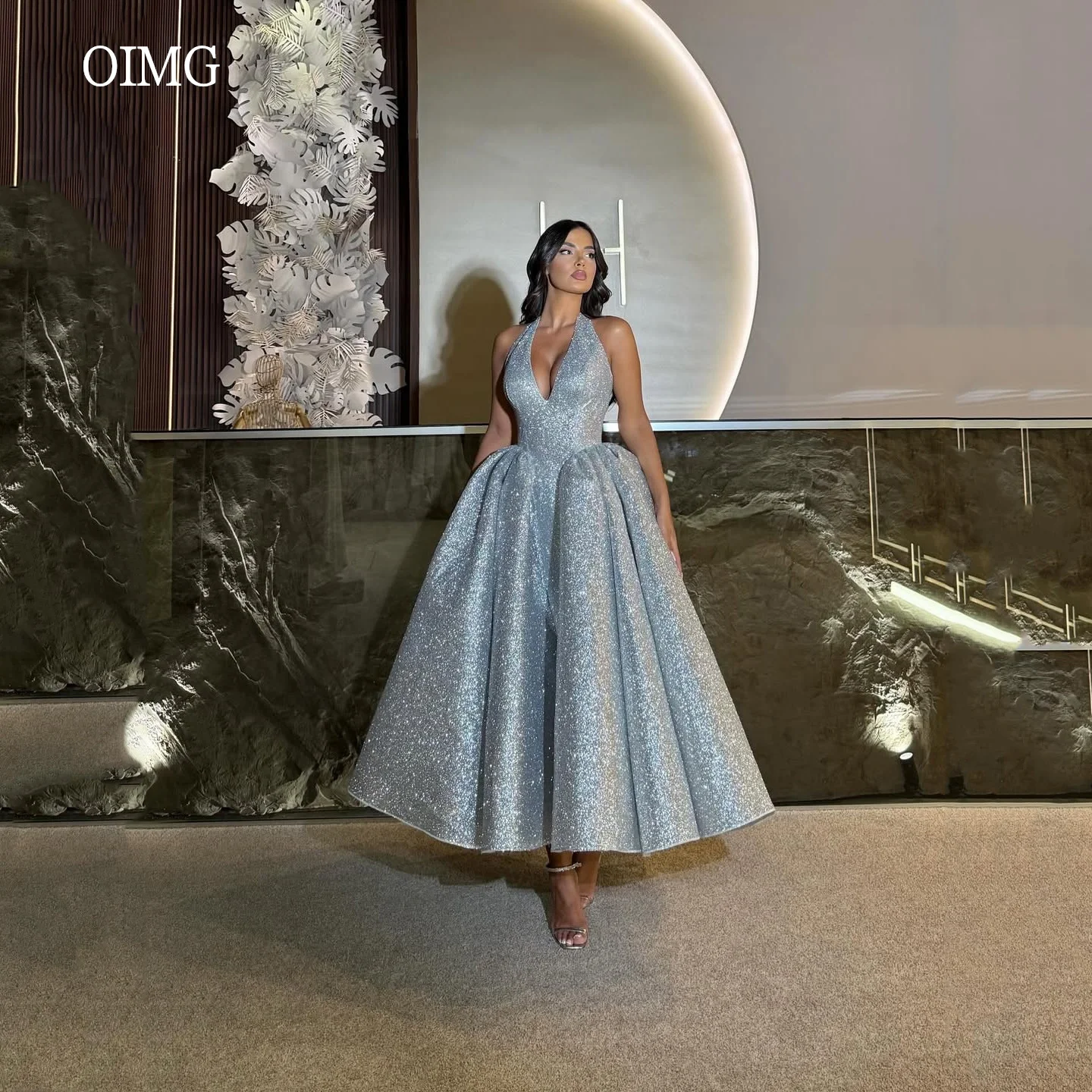 

OIMG Glitter Halter A Line Prom Gowns V Neck Party Gown Dreamy Ankle Length Evening Dress vestidos de festa Customized