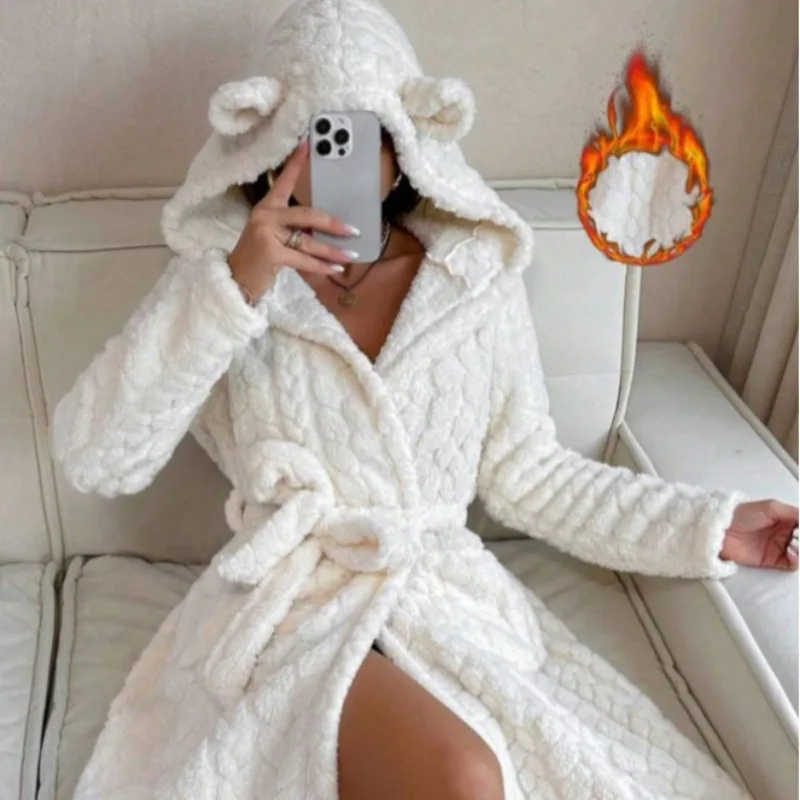 Fluffy Warm Hooded Nightgown Winter Robe Women Sleepwear Long Sleeve Kimono with Belt Shower Bath Gown Home Bathrobe Nightwear