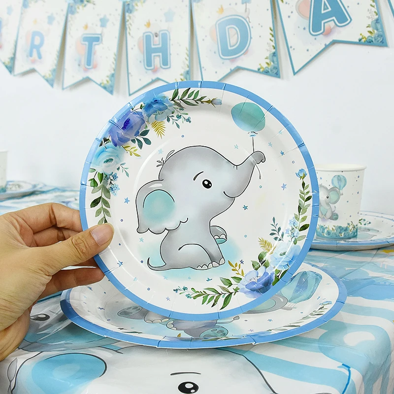 Cartoon Baby Elefant Einweg geschirr Set Papp teller Tasse Serviette Kinder Jungen Geburtstags feier Dekoration Baby party liefert – Detail 2
