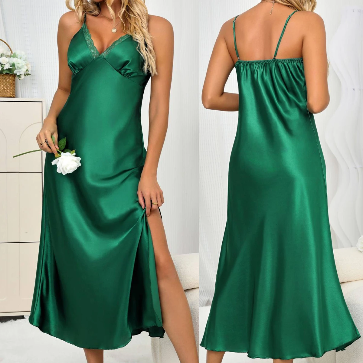 

Новая летняя ночная сорочка-комбинация из дышащего ледяного шелка с V-образным вырезом и открытой спиной, удобная домашняя одежда