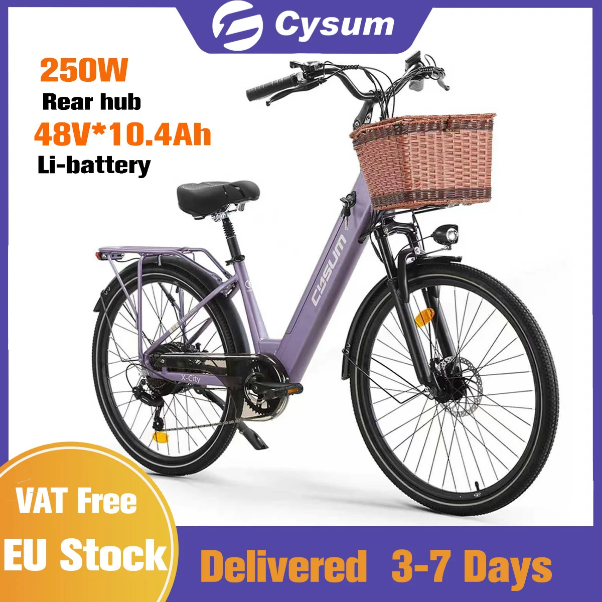 Vélo électrique CYSUM X-City 26", vélo électrique City Commuter, batterie Li 48 V 10,4 Ah, vélo électrique assisté par pédale pour femme, portée 80-100 km