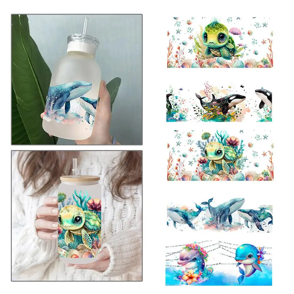 3D UV DTF Transfer Sticker For Glass Cups Personalize 16 Oz Cups Ocean Turtle Dolphin Whale Printed DIY Wrap Transfer Stick M7I9