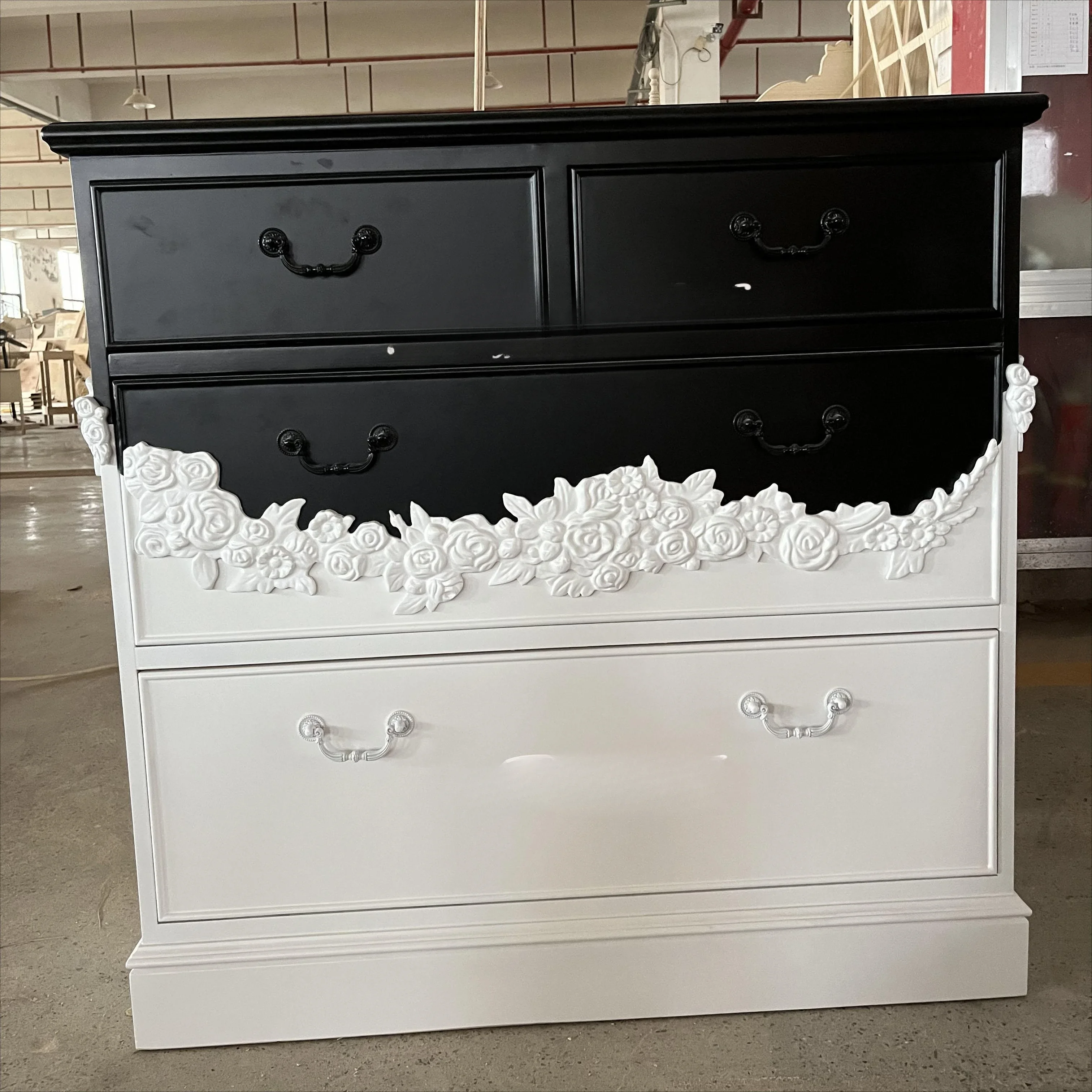French retro solid wood carving flower chest cabinet light luxury double color art drawer, entrance cabinet storage locker